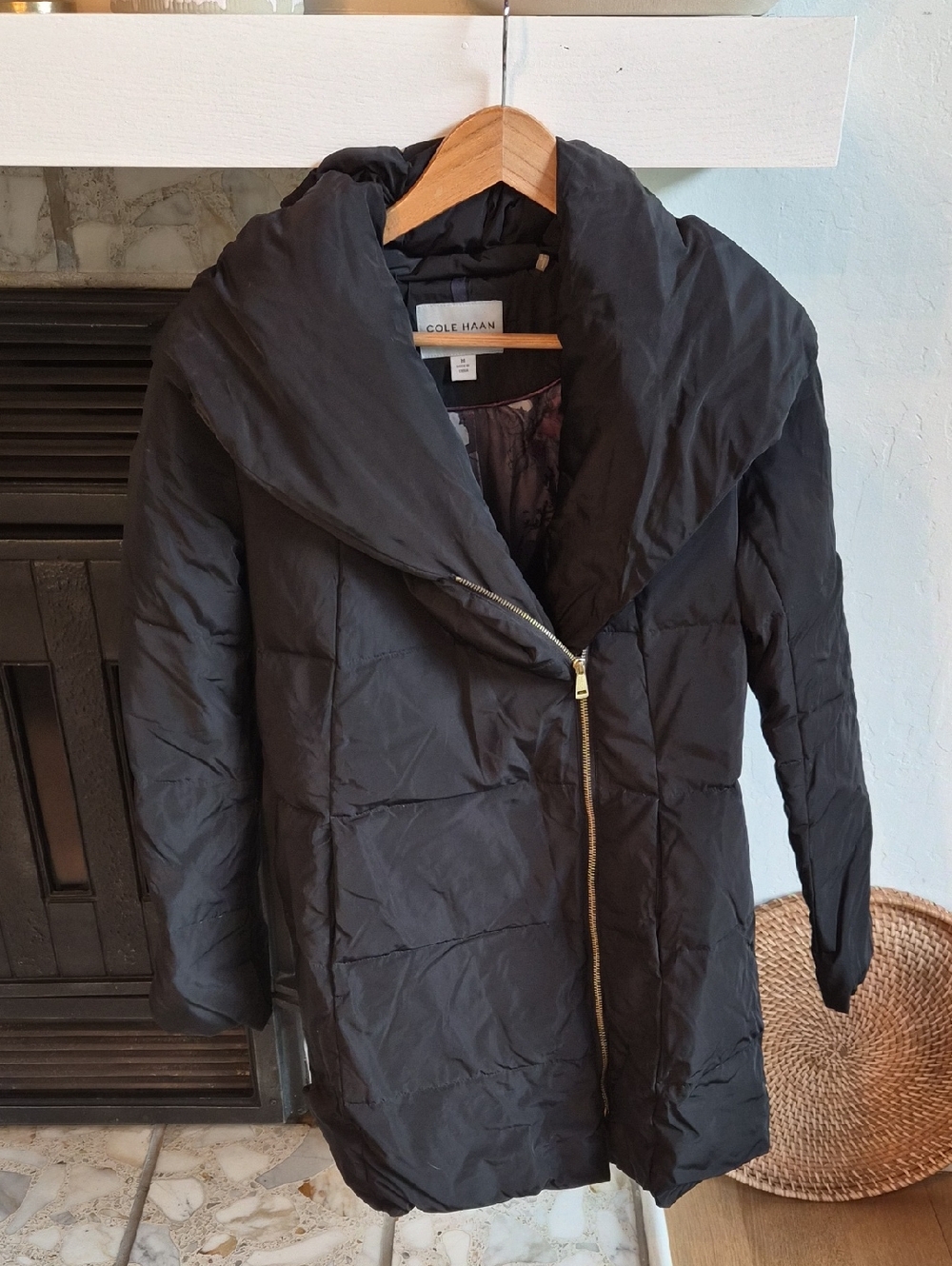 Cole Haan Black Quilted Shawl Collar Puffer Coat